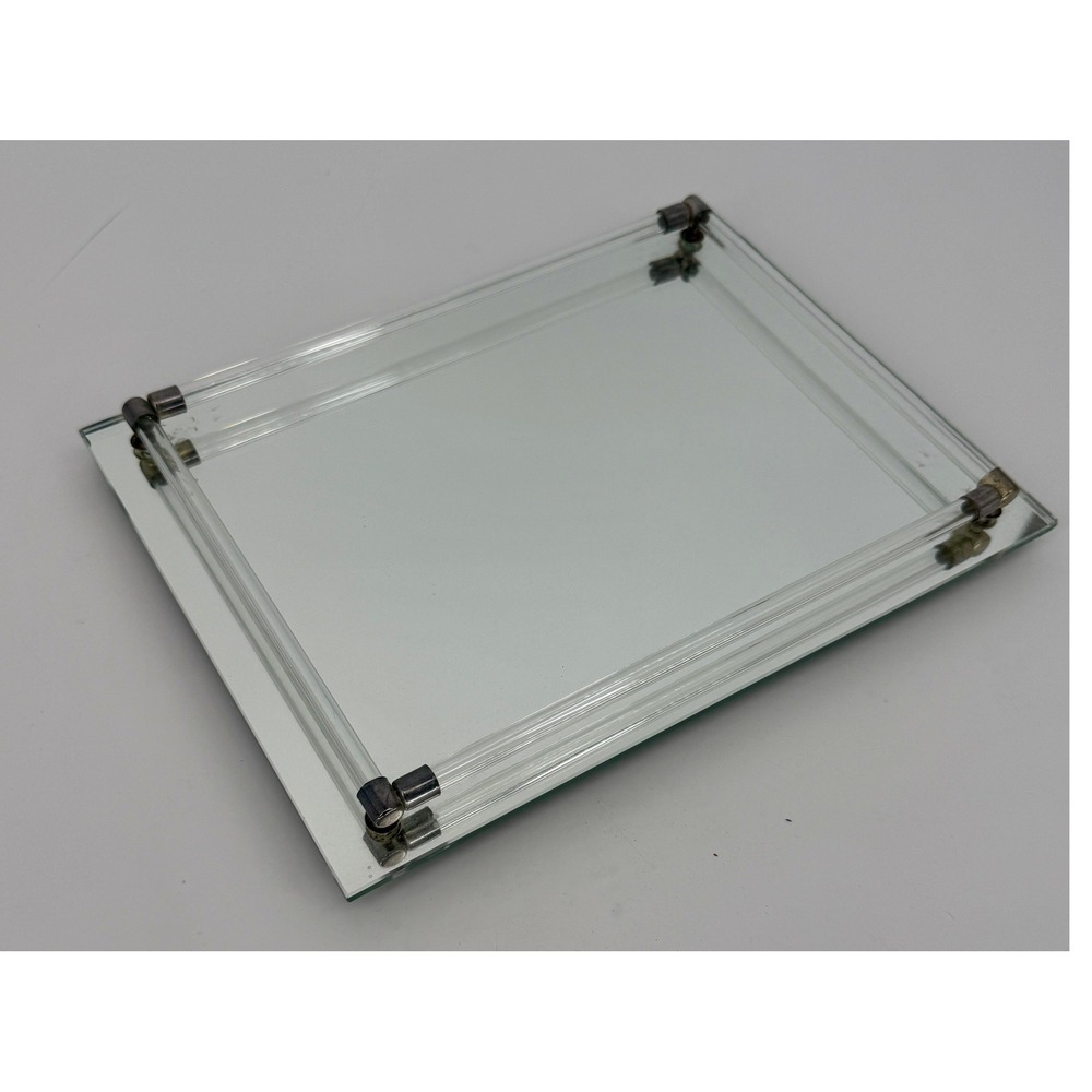 Vtg‎ Goldigger Silver Art Co Glass Vanity Tray 9x12 Chrome MCM Dresser Perfume
